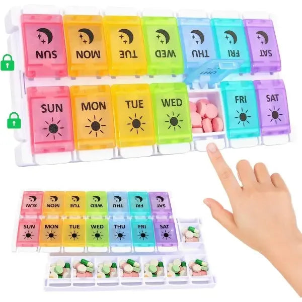 Pill Organizer 2 Times a Day, 7-Day Day Night Pill Case with Easy Filling and Push Button Design, Transparent, PP Material