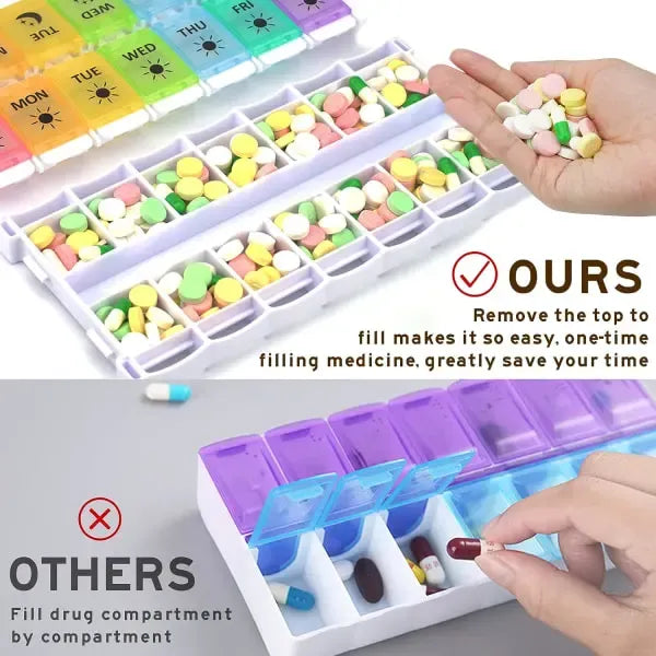 Pill Organizer 2 Times a Day, 7-Day Day Night Pill Case with Easy Filling and Push Button Design, Transparent, PP Material