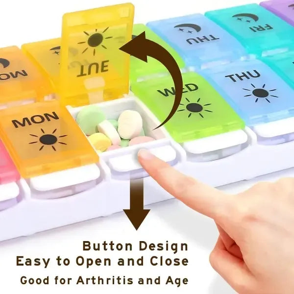 Pill Organizer 2 Times a Day, 7-Day Day Night Pill Case with Easy Filling and Push Button Design, Transparent, PP Material