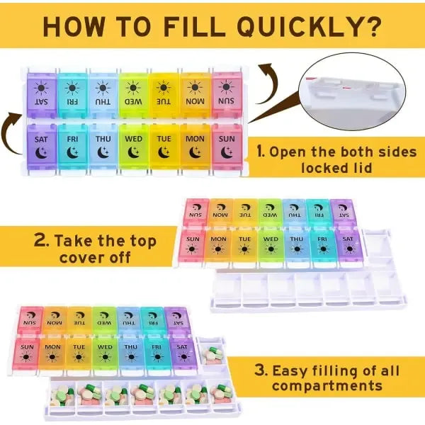 Pill Organizer 2 Times a Day, 7-Day Day Night Pill Case with Easy Filling and Push Button Design, Transparent, PP Material