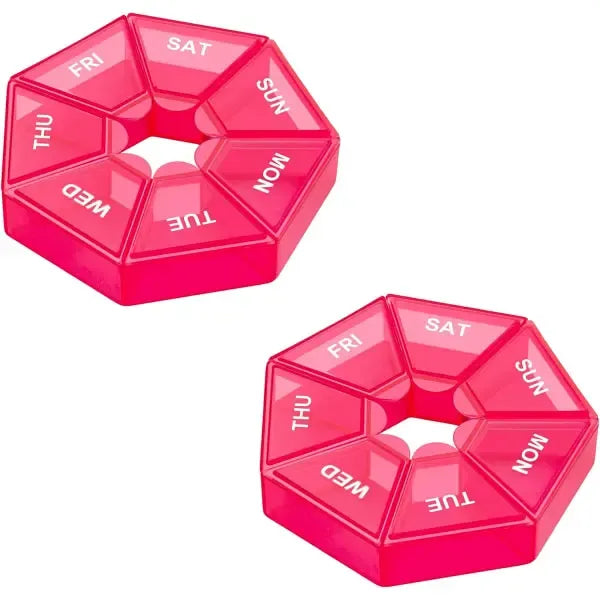Weekly Pill Organizer 2 Pack Portable Pill Box Case, Seven-Day New Edition with 6 Color Design, Red, Secure Snap Lid