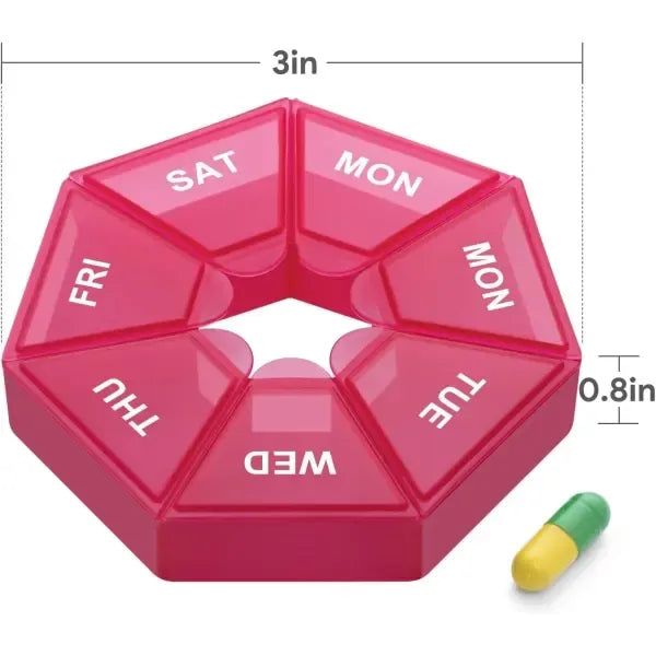 Weekly Pill Organizer 2 Pack Portable Pill Box Case, Seven-Day New Edition with 6 Color Design, Red, Secure Snap Lid