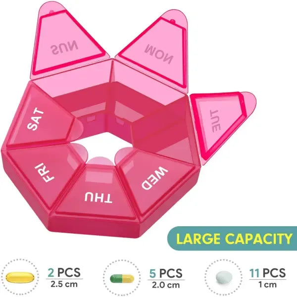 Weekly Pill Organizer 2 Pack Portable Pill Box Case, Seven-Day New Edition with 6 Color Design, Red, Secure Snap Lid