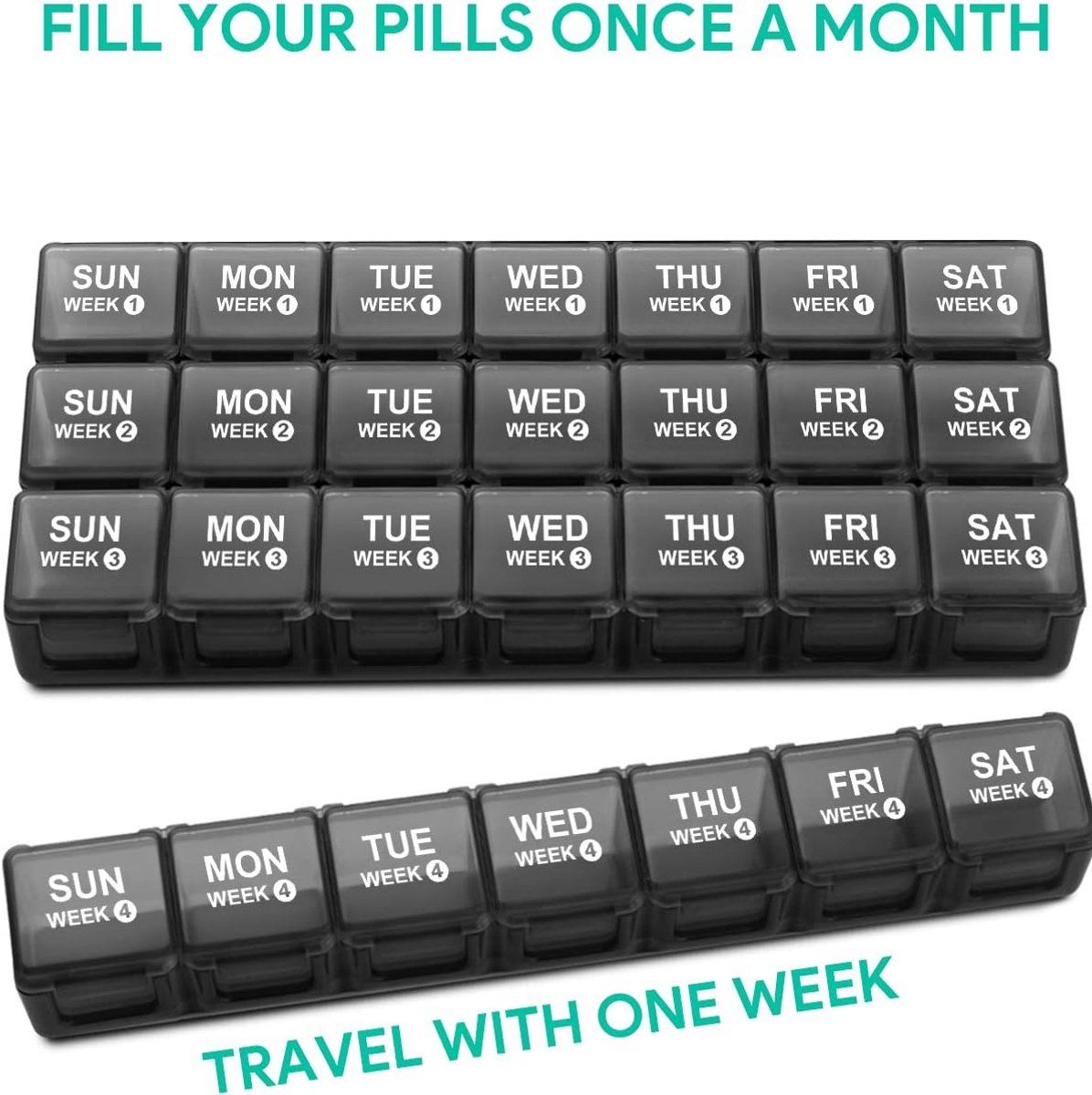 Large 28-Day Monthly Pill Organizer, 4-Week Medicine Box with Dustproof Container for Pills Vitamins Supplements, PP Plastic Material