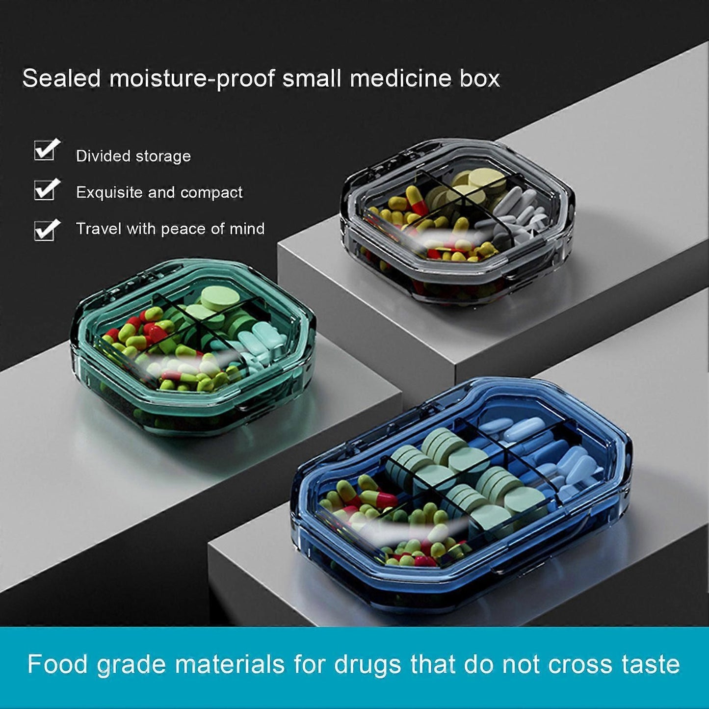 Practical 7-Day Pill Box with 4/6 Compartments, Large Space Buckle and Sealed Pocket-Sized Medicine Case, Green B, PS Material