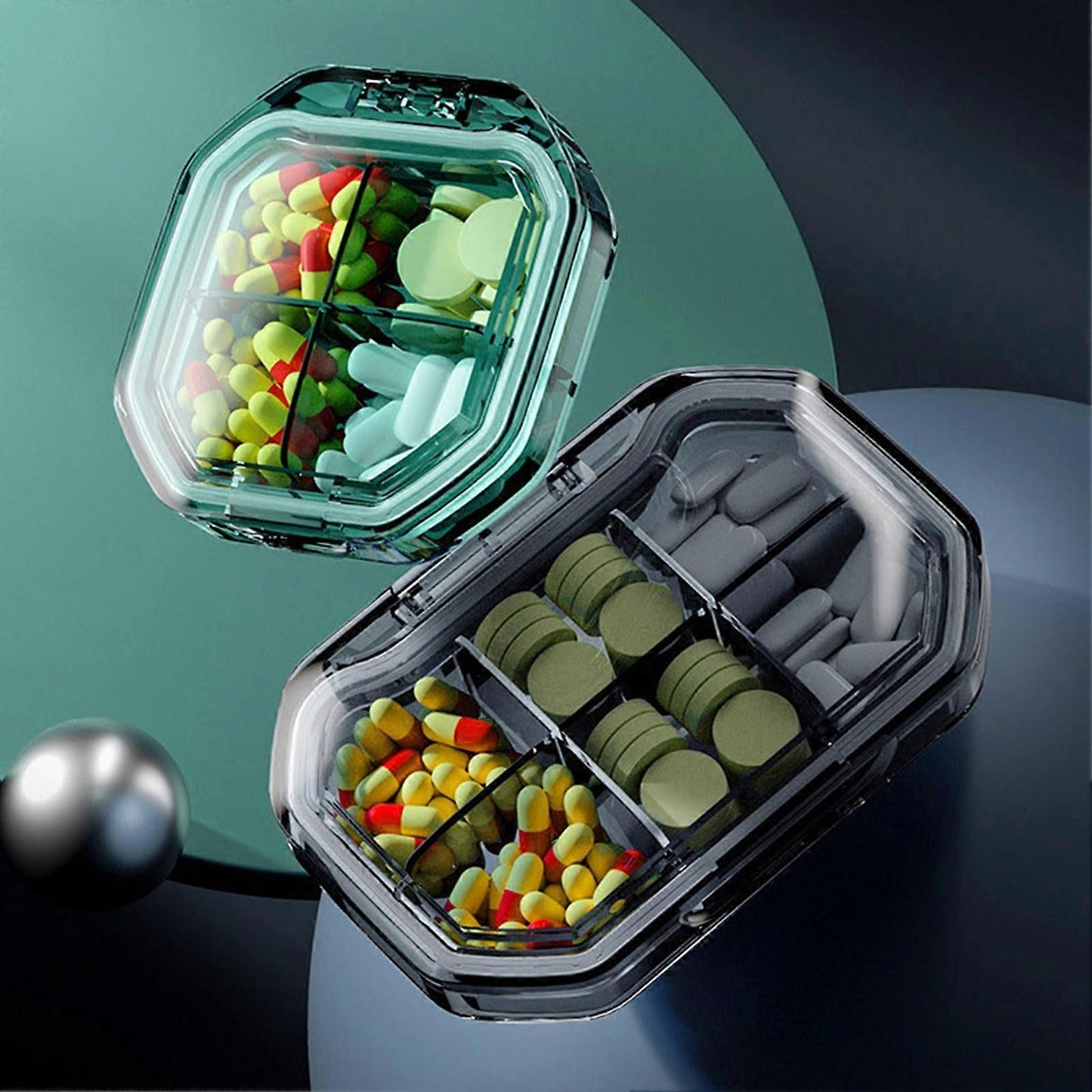 Practical 7-Day Pill Box with 4/6 Compartments, Large Space Buckle and Sealed Pocket-Sized Medicine Case, Green B, PS Material