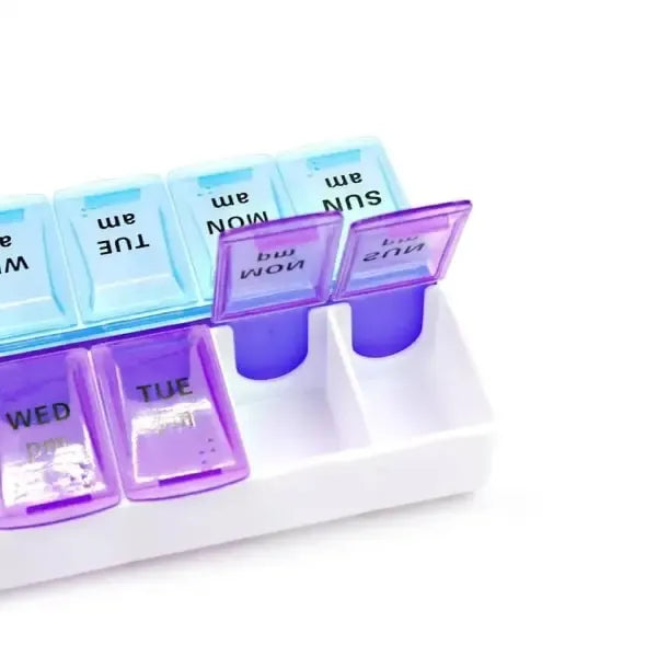 Practical 14-Compartment Medical Tablet Case Dosett, Weekly Morning Evening Pill Organizer, Multicolor S, Plastic Material