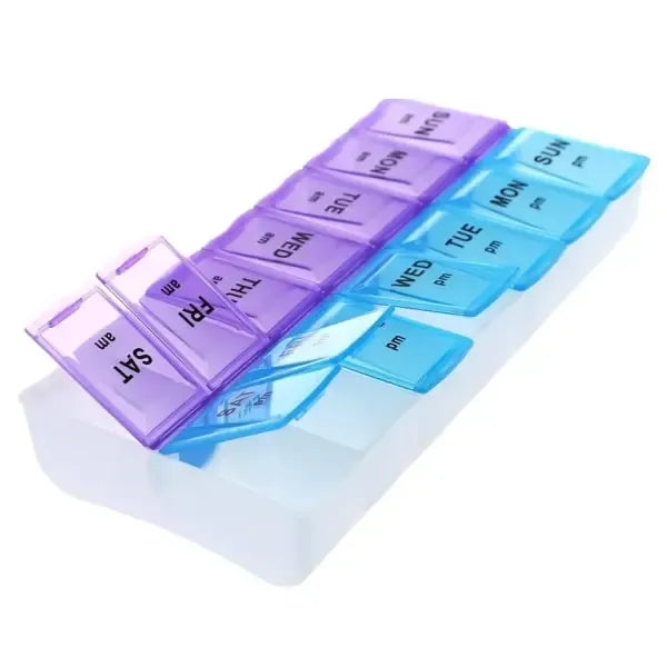 Practical 14-Compartment Medical Tablet Case Dosett, Weekly Morning Evening Pill Organizer, Multicolor S, Plastic Material