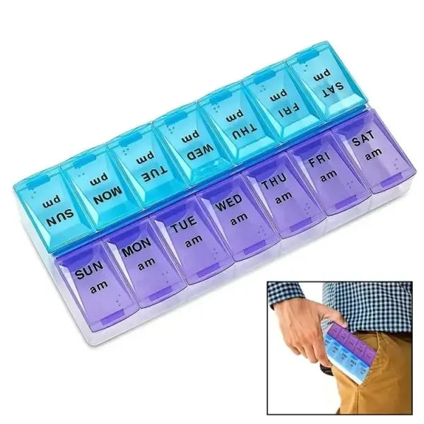 Practical 14-Compartment Medical Tablet Case Dosett, Weekly Morning Evening Pill Organizer, Multicolor S, Plastic Material