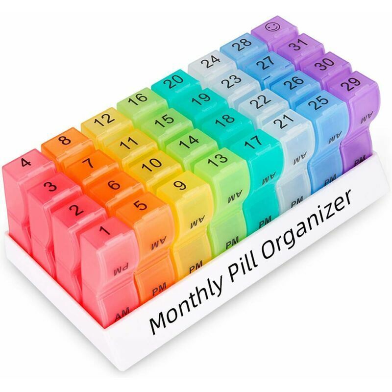 Monthly Dosage Box with Two Compartments Per Day, 30-Day Small Compartment Pill Organizer, ABS Material, 20.5 x 10.3 x 7 cm