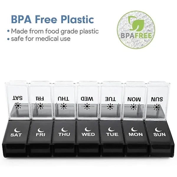 Weekly AM PM Pill Organizer for Twice Daily Use, 14-Compartment Pill Case for Vitamins and Medicine, PP Plastic Material