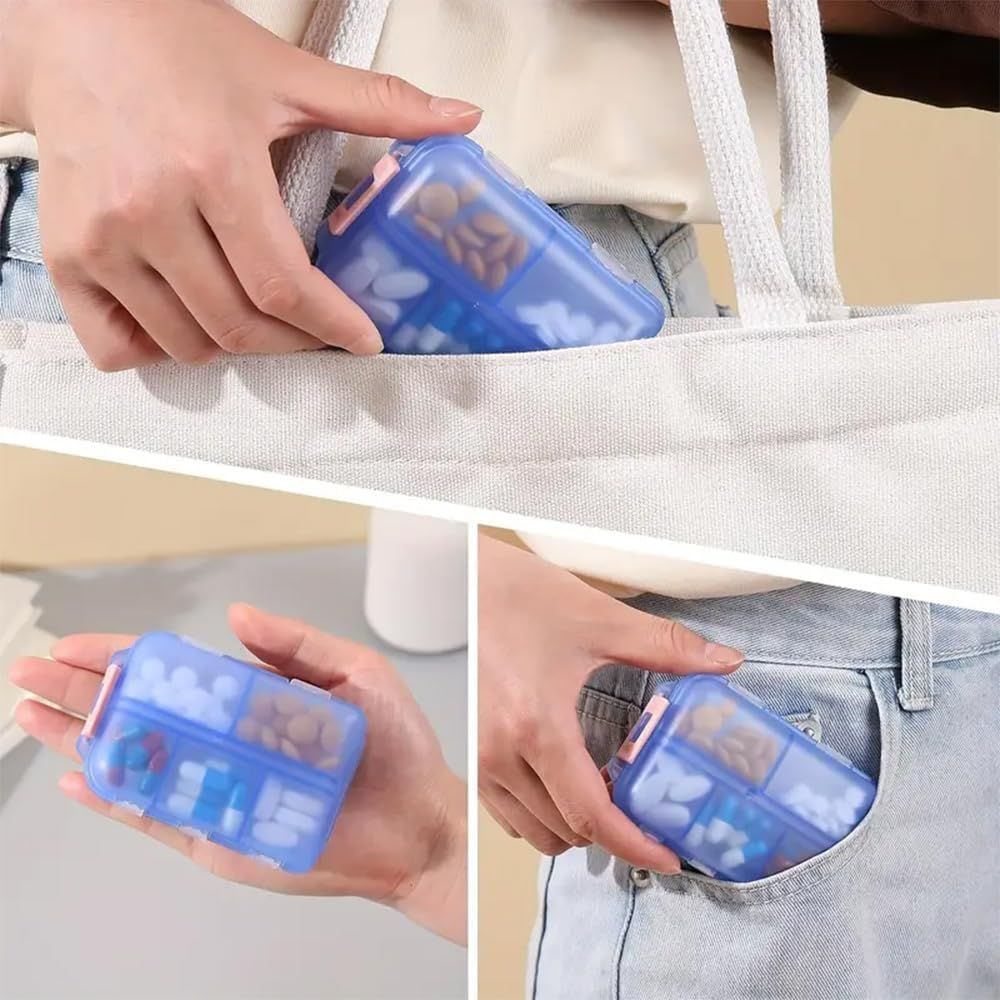 Med Wallet Pill Case with Labels, Portable Daily Medicine Organizer for Multiple Pill Sizes, Blue, PP Material, 9.5 x 6.4 x 2.5 cm