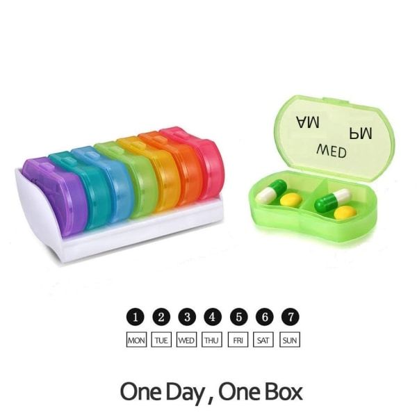 7-Day Pill Boxes Set, One Box Per Day with AM PM Compartments, Weekly Dosage Medicine Box, Secure Station, 6 x 3 x 1.3 cm Each