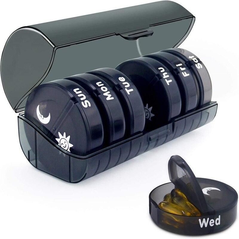 7-Day Morning Evening Doser, Weekly BPA-Free Pill Organizer with Separate Daily Containers, Black, ABS Material, Secure Snap Lid