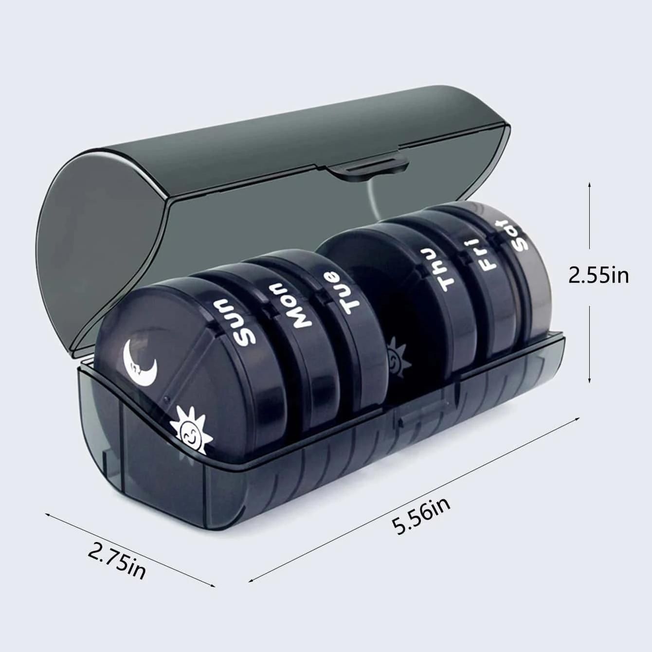 7-Day Morning Evening Doser, Weekly BPA-Free Pill Organizer with Separate Daily Containers, Black, ABS Material, Secure Snap Lid