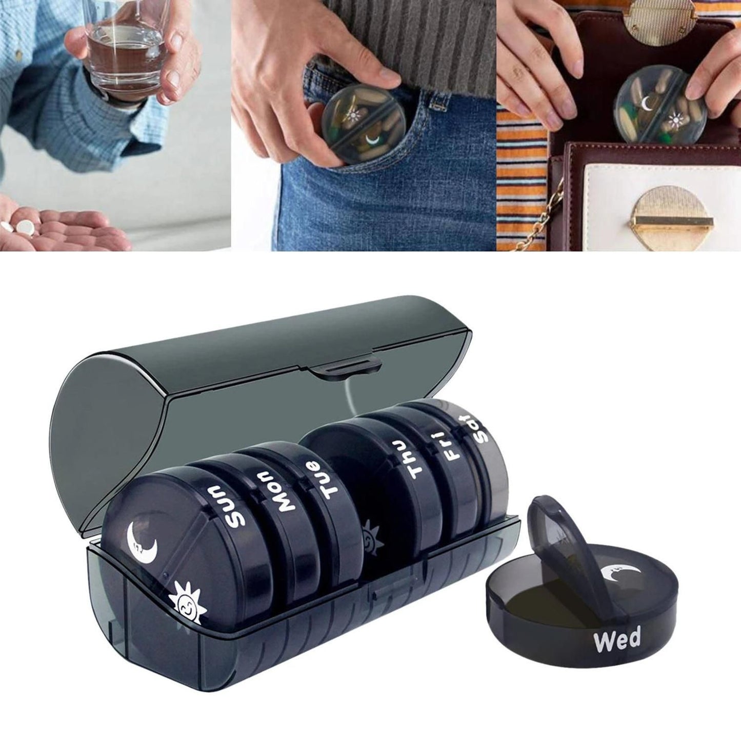 7-Day Morning Evening Doser, Weekly BPA-Free Pill Organizer with Separate Daily Containers, Black, ABS Material, Secure Snap Lid