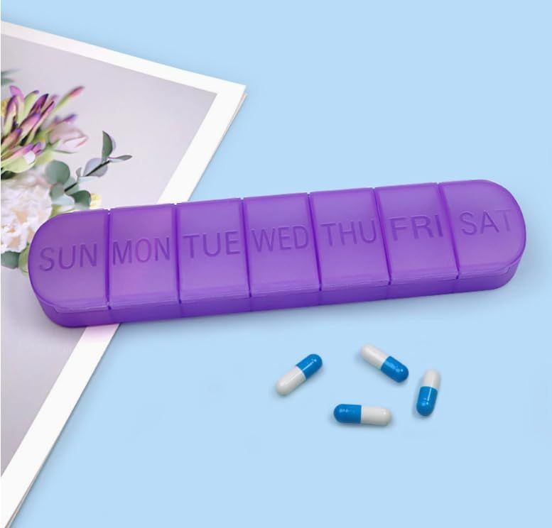 7-Day Pill Box Weekly Medicine Container, Separate Daily Cases for Tablets and Vitamins, Purple, PP Material, Travel Pill Case