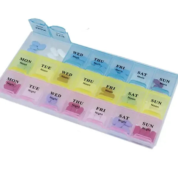 Light and Convenient 21-Compartment Dosett Medicine Box Weekly Pill Organizer, Multicolor, PP Material, 22 x 12 x 2.7 cm
