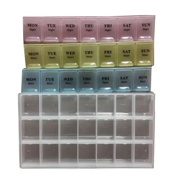 Light and Convenient 21-Compartment Dosett Medicine Box Weekly Pill Organizer, Multicolor, PP Material, 22 x 12 x 2.7 cm