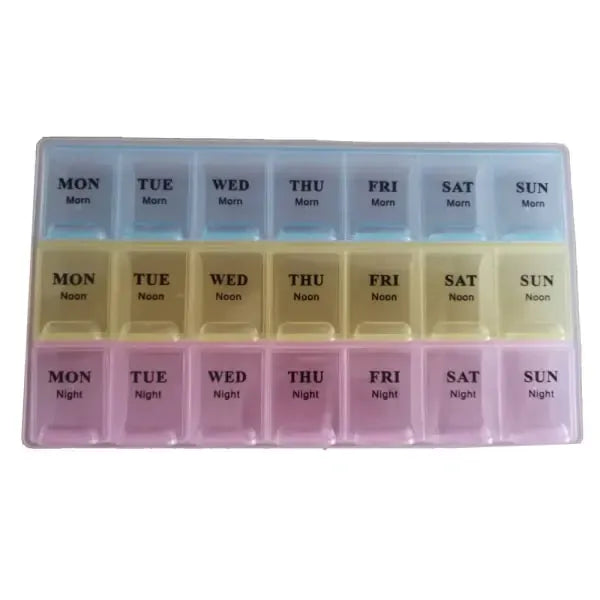 Light and Convenient 21-Compartment Dosett Medicine Box Weekly Pill Organizer, Multicolor, PP Material, 22 x 12 x 2.7 cm