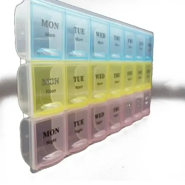 Light and Convenient 21-Compartment Dosett Medicine Box Weekly Pill Organizer, Multicolor, PP Material, 22 x 12 x 2.7 cm