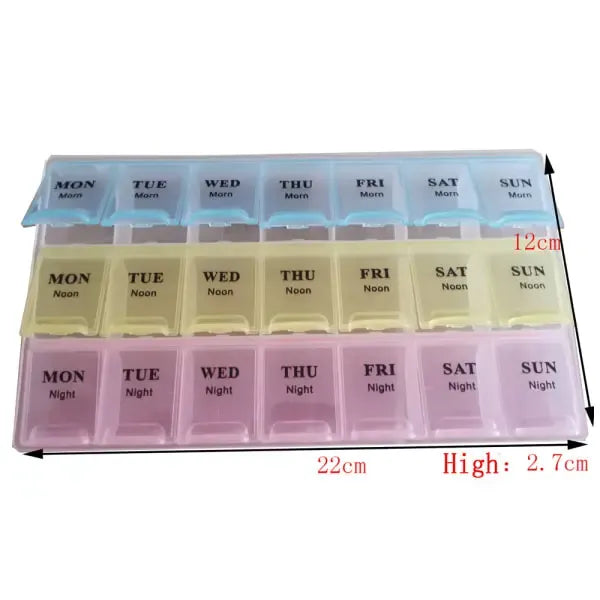 Light and Convenient 21-Compartment Dosett Medicine Box Weekly Pill Organizer, Multicolor, PP Material, 22 x 12 x 2.7 cm
