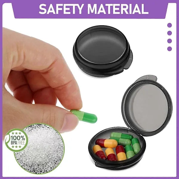 Small Pill Box Cute Round Pill Container, Portable Mini Storage Case for Pocket Handbag and Headphones, 4 Pack, Black, PP Material