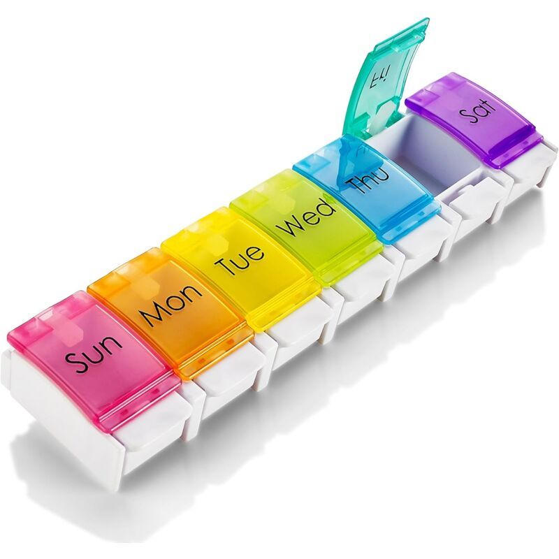 Weekly Pill Organizer Travel Medicine Box with Push Button and Large Compartments for Tablets Vitamins Supplements, BPA-Free, Transparent