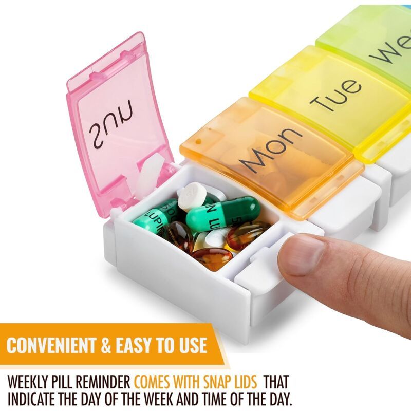 Weekly Pill Organizer Travel Medicine Box with Push Button and Large Compartments for Tablets Vitamins Supplements, BPA-Free, Transparent
