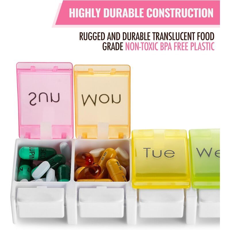 Weekly Pill Organizer Travel Medicine Box with Push Button and Large Compartments for Tablets Vitamins Supplements, BPA-Free, Transparent