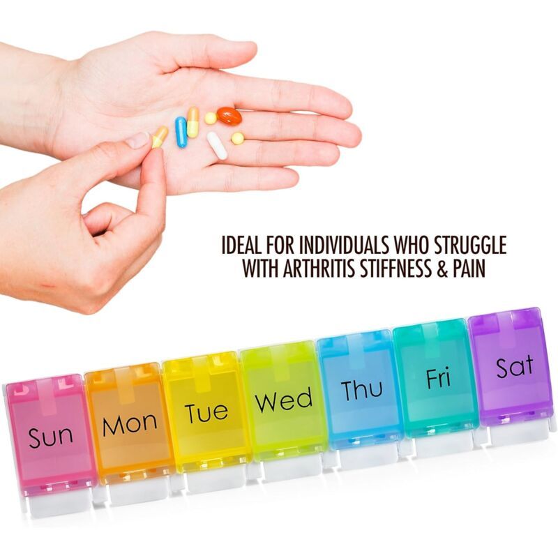 Weekly Pill Organizer Travel Medicine Box with Push Button and Large Compartments for Tablets Vitamins Supplements, BPA-Free, Transparent