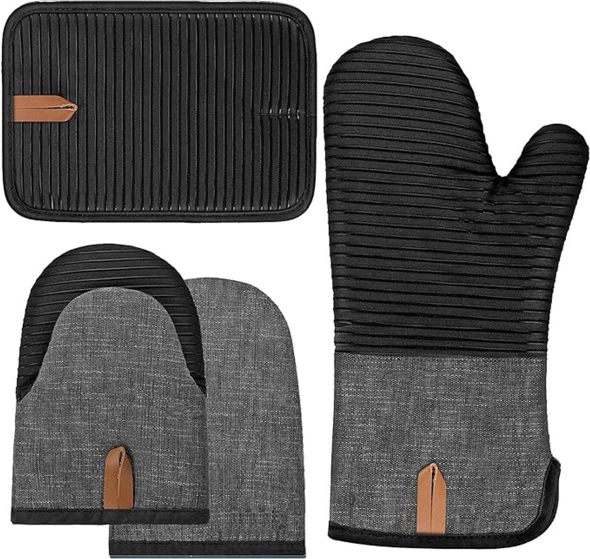 Four-piece heat-resistant glove set, Heat-resistant kitchen gloves and heat-resistant mat set, Silicone non-slip gloves and heat-resistant mat, Black