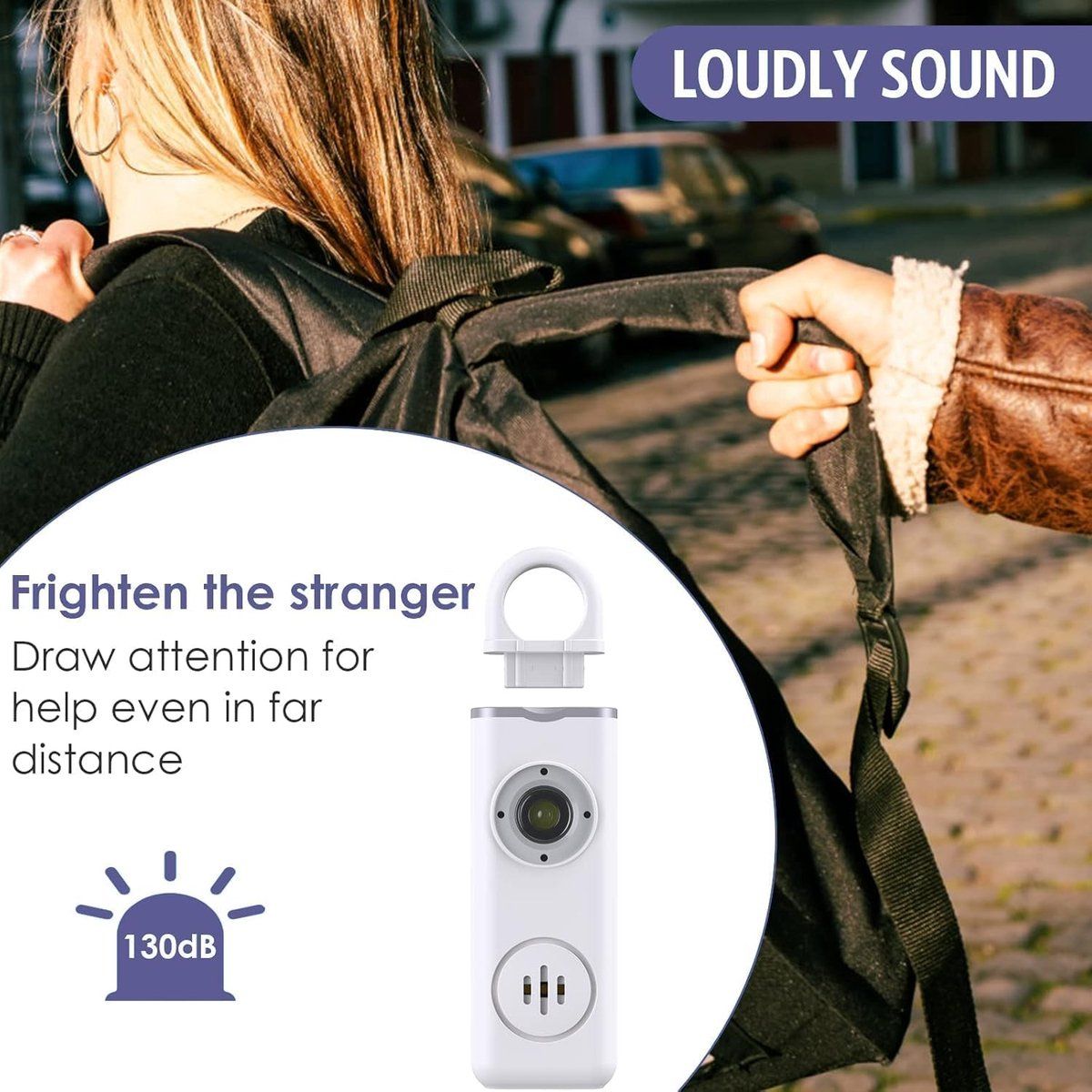 Personal Self-Defense Alarm, Self-Defense Alarm for Women, Rechargeable Alarm Keychain, Emergency Alarm, with LED Strobe, 130 dB, White