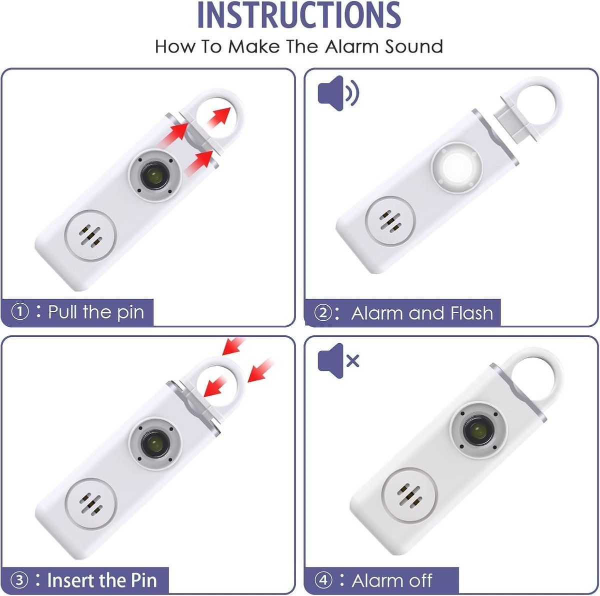 Personal Self-Defense Alarm, Self-Defense Alarm for Women, Rechargeable Alarm Keychain, Emergency Alarm, with LED Strobe, 130 dB, White