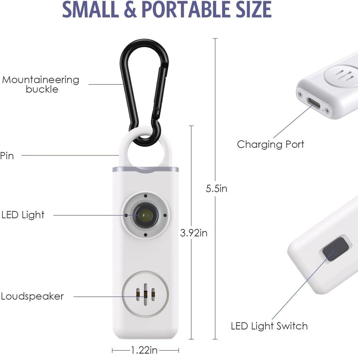 Personal Self-Defense Alarm, Self-Defense Alarm for Women, Rechargeable Alarm Keychain, Emergency Alarm, with LED Strobe, 130 dB, White