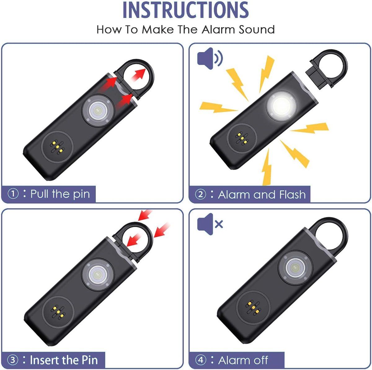 Personal Self-Defense Alarm, Self-Defense Alarm for Women, Rechargeable Alarm Keychain, Emergency Alarm, with LED Strobe, 130 dB, Black