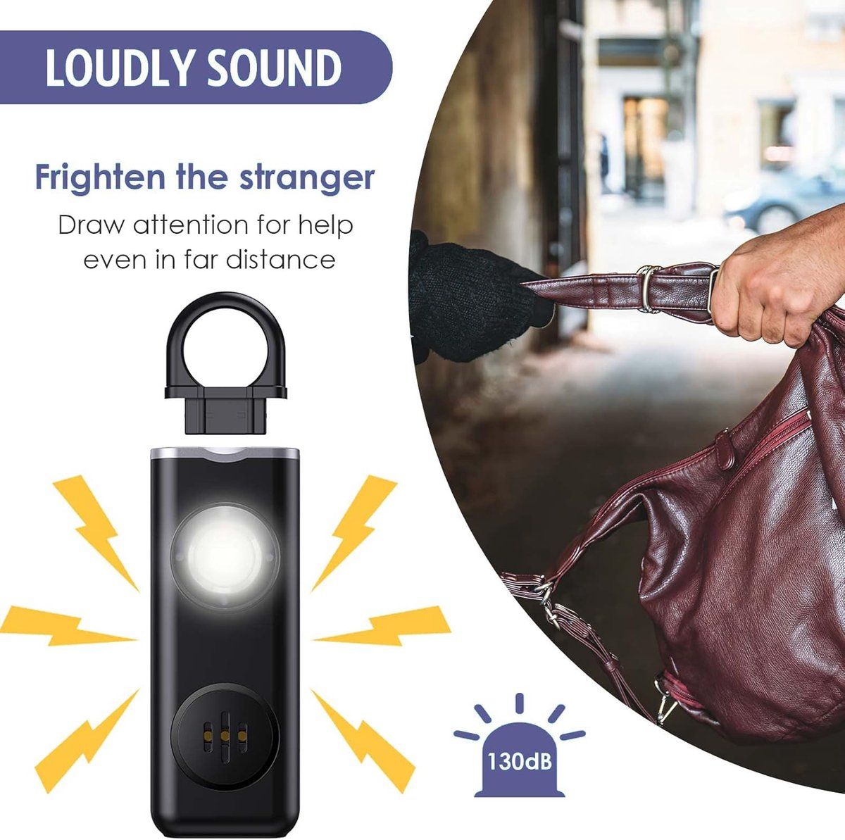 Personal Self-Defense Alarm, Self-Defense Alarm for Women, Rechargeable Alarm Keychain, Emergency Alarm, with LED Strobe, 130 dB, Black