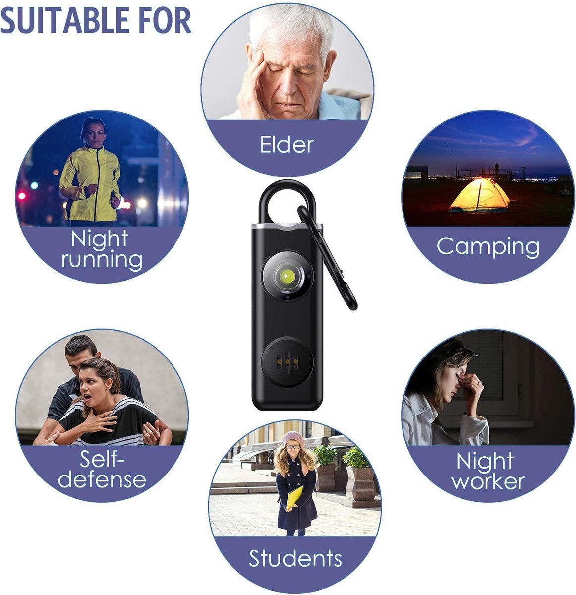 Personal Self-Defense Alarm, Self-Defense Alarm for Women, Rechargeable Alarm Keychain, Emergency Alarm, with LED Strobe, 130 dB, Black
