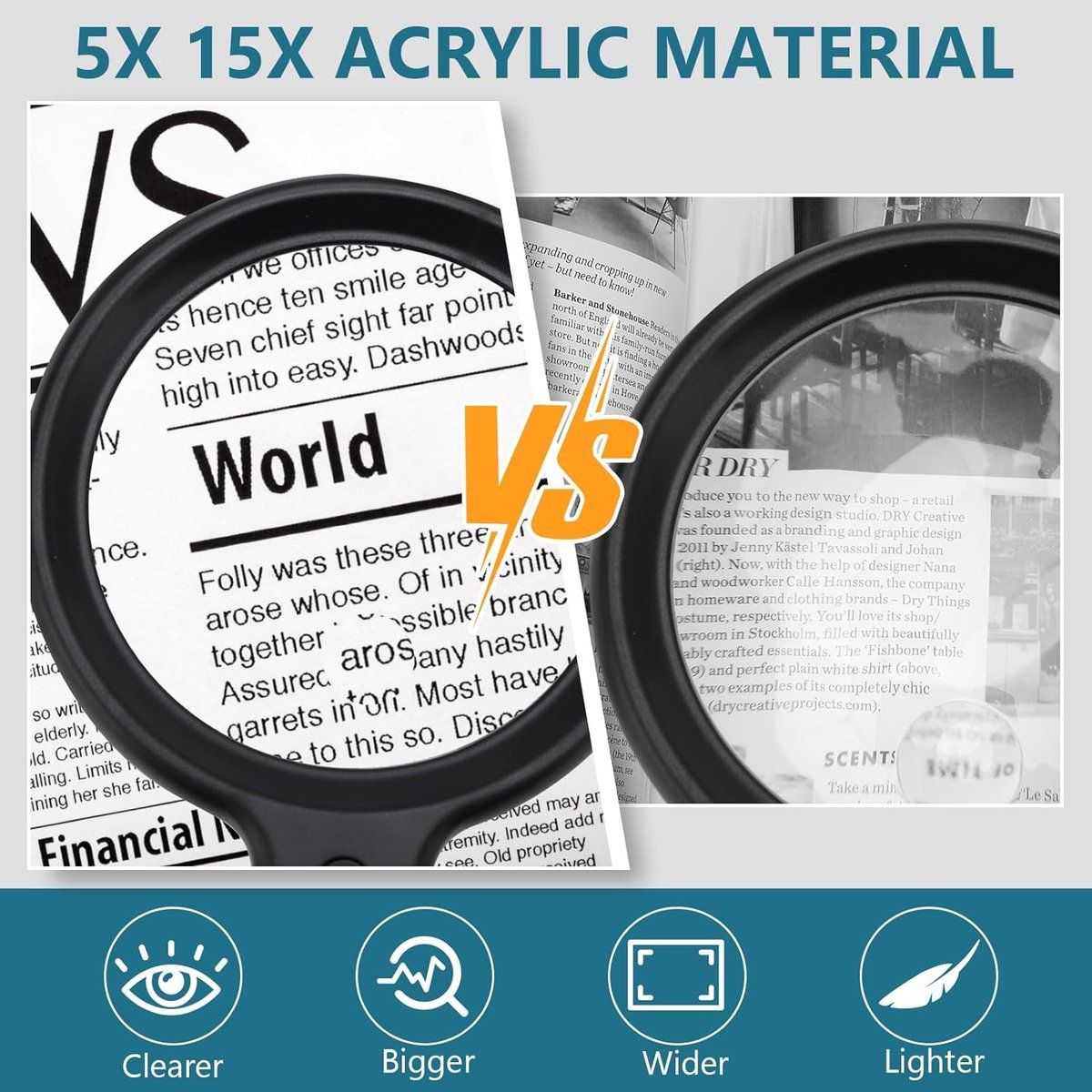 5X 15X hands-free magnifying glass for reading, light magnifying glass, large magnifying glass for reading, for Home, Travel and Daily Use