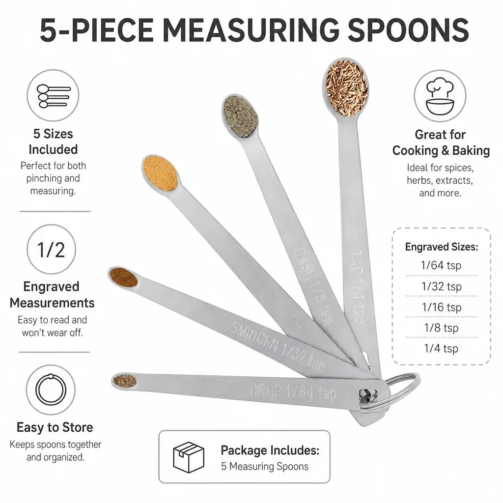 5 Pack Stainless Steel Mini Measuring Spoons, Compact Kitchen Measuring Spoon Set for Baking, Cooking and Seasoning