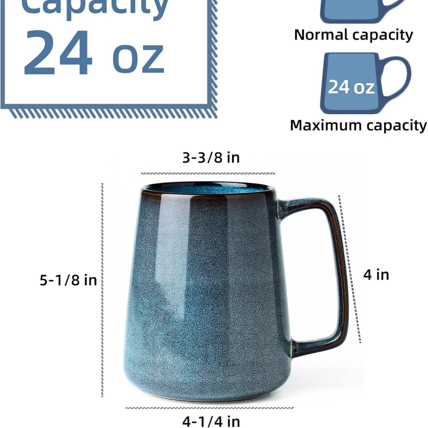 24 oz Large Ceramic Coffee Mug with Large Handle, Extra Large Tea and Coffee Cup for Office, Home, Latte and Hot Drinks, Blue