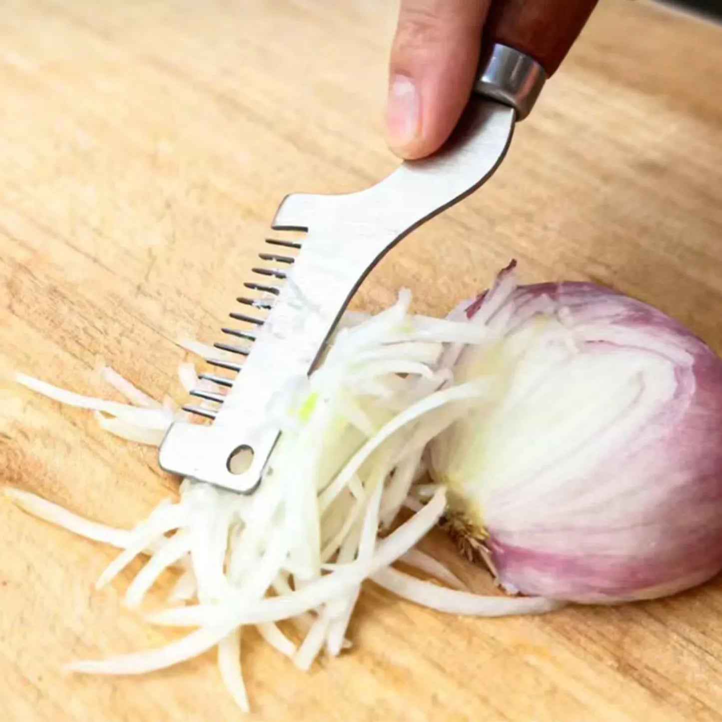 1 Piece, Vegetable Shredder, Handheld Shredder, Stainless Steel Kitchen, Onion Cutter Chopper, 8 in Cutting Head, Wooden Handle, Silver, Brown