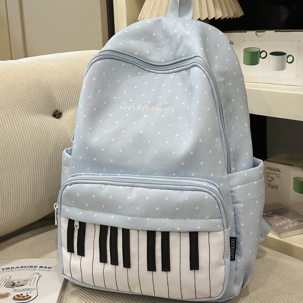 Piano Print Backpack Large Capacity Polka Dot Casual Travel Daypack, Blue, for Travel, Shopping, Work and Daily Carry