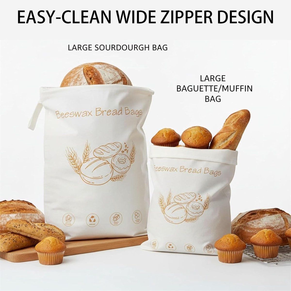 Reusable Beeswax Bread Storage Bag with Zipper, 43 x 33 cm Cotton Food Bag for Bread, Produce and Kitchen Storage