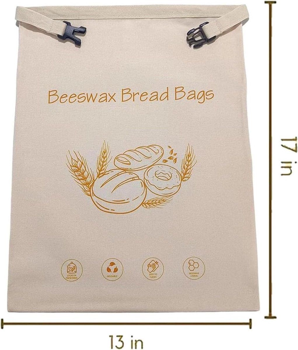Reusable Beeswax Bread Storage Bag with Zipper, 43 x 33 cm Cotton Food Bag for Bread, Produce and Kitchen Storage