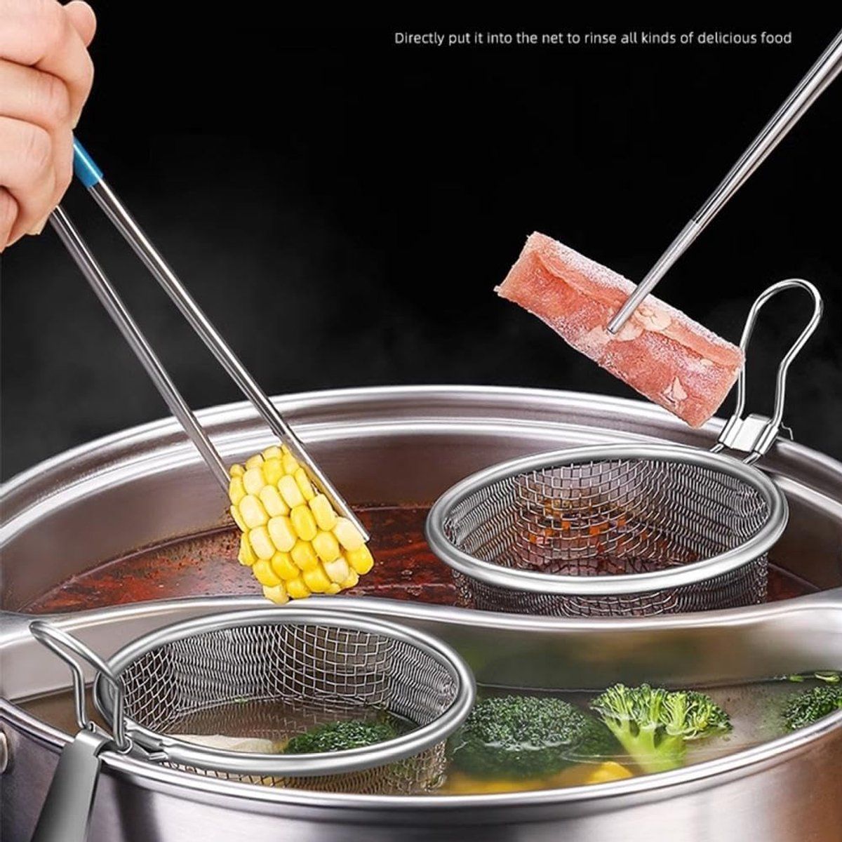 Stainless Steel Pasta Cooking Basket with Clip Handle, Fine Mesh Hanging Strainer for Pasta, Ramen, Pho and Vegetables