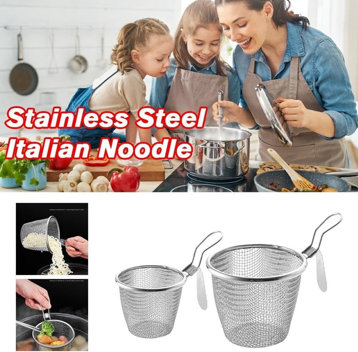 Stainless Steel Pasta Cooking Basket with Clip Handle, Fine Mesh Hanging Strainer for Pasta, Ramen, Pho and Vegetables