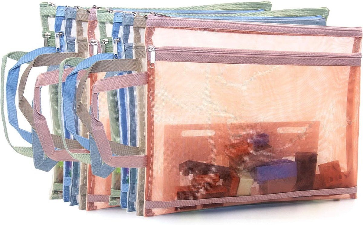 10 Pack A4 Zippered Mesh Storage Bags, Double Layer Nylon Organizer Pouches with Handles for Toys, Puzzles and Blocks