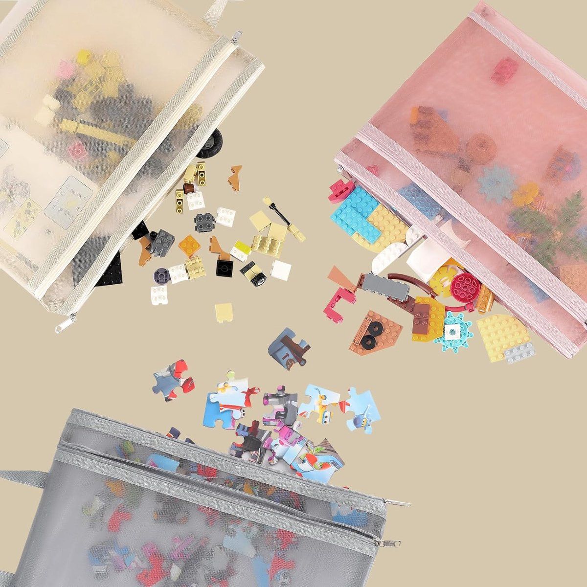 10 Pack A4 Zippered Mesh Storage Bags, Double Layer Nylon Organizer Pouches with Handles for Toys, Puzzles and Blocks