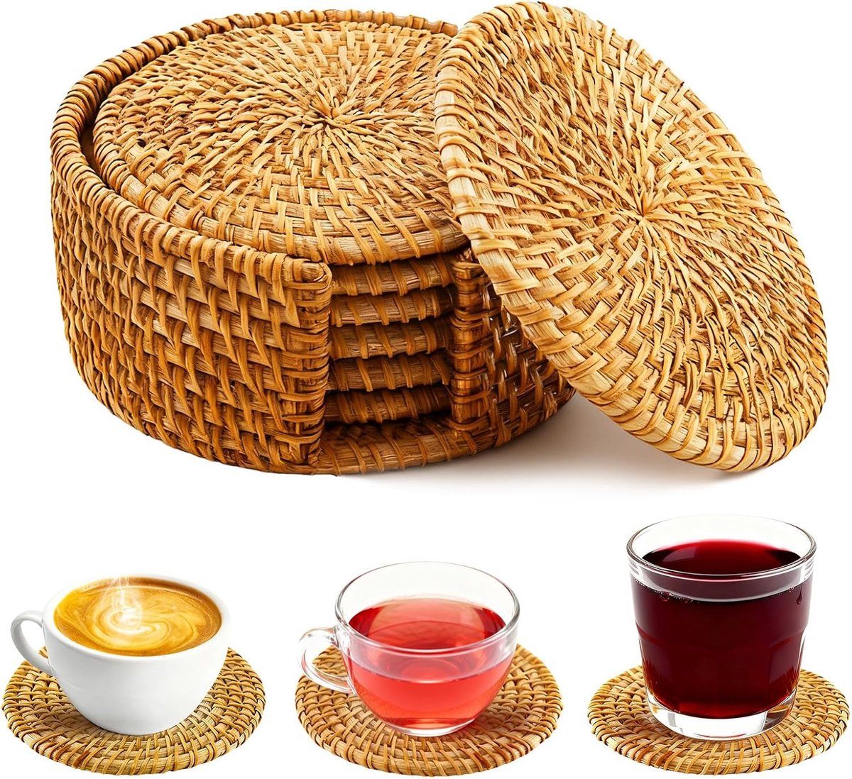6 Pack Hand Woven Rattan Drink Coasters with Storage Rack, Round Table Mats for Coffee Table, Kitchen and Dining Room